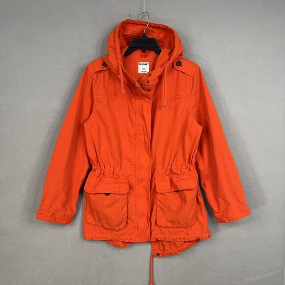 Old Navy Jacket Womens Large Orange Hooded Anorak Parka Utility Drawstring Waist - Picture 1 of 13